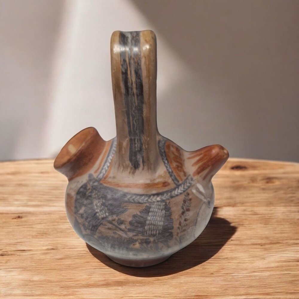Tonala Pottery Double Spout Water Jug Rabbit Floral Agave Design Mexico Folk Art